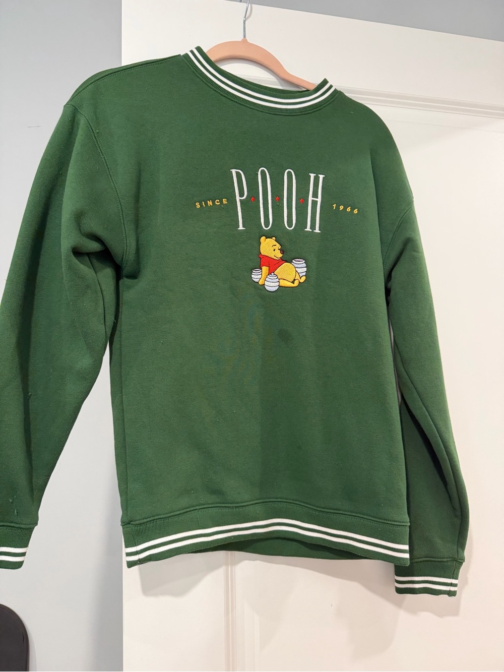 Disney Pooh Green Crewneck Sweatshirt with Striped Trim